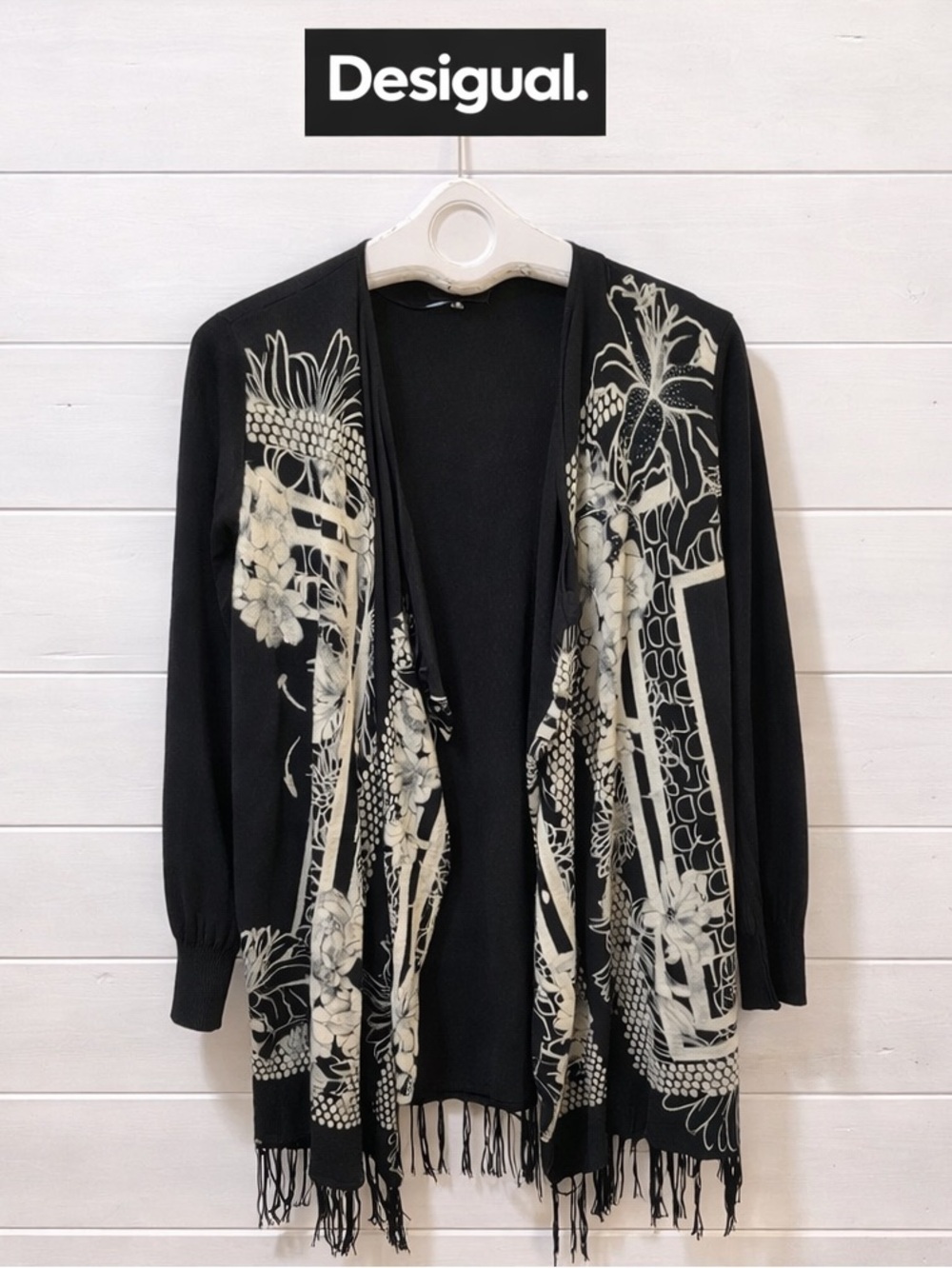 DESIGUAL Black Floral Fringe Cardigan S
